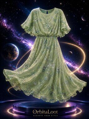 SLNY Sage Sequin Floral Embroidered Mesh Elegant Evening Midi Dress NEW